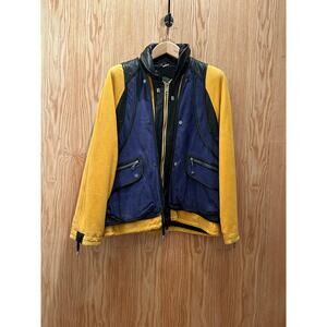 Vintage Saxony Blue Yellow Leather Jacket Convertible With Detachable Vest Men's